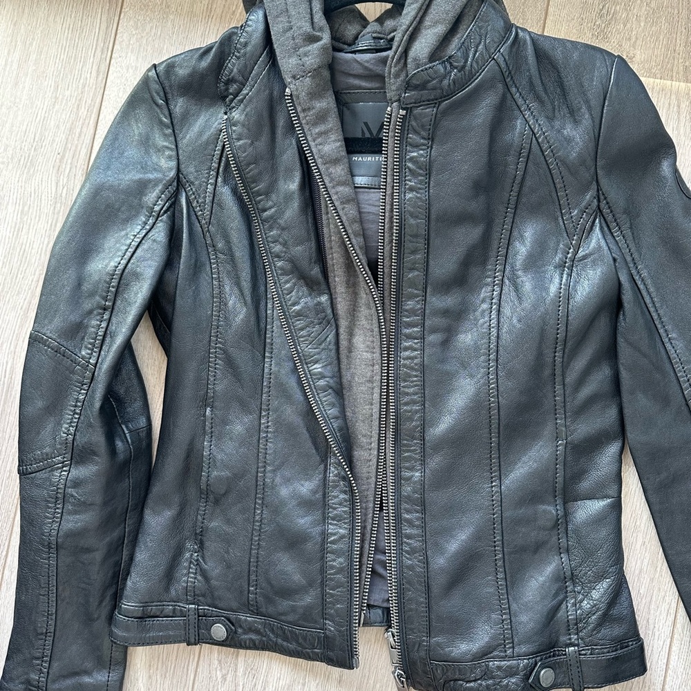 Leather jacket with hood